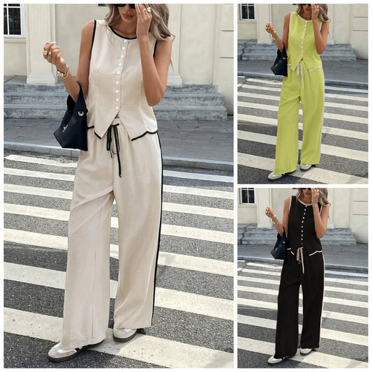 💥Hot Sale 49% Off⌛Women's Contrast Binding Sleeveless Tank & Drawstring Waist Pants Two-piece Set