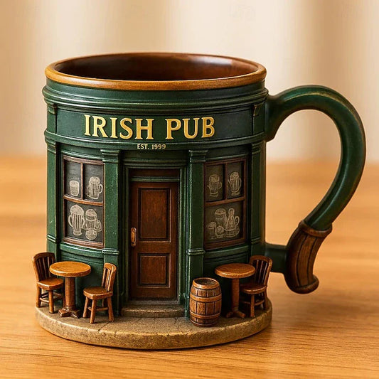 Irish Pub 3D Resin Coffee Mug St. Patricks Day Shamrock Beer Stein Style Cup, Green Irish Festival Drinkware, Vintage Leprechaun Pub Mug for Home Bar, Holiday Party Gift