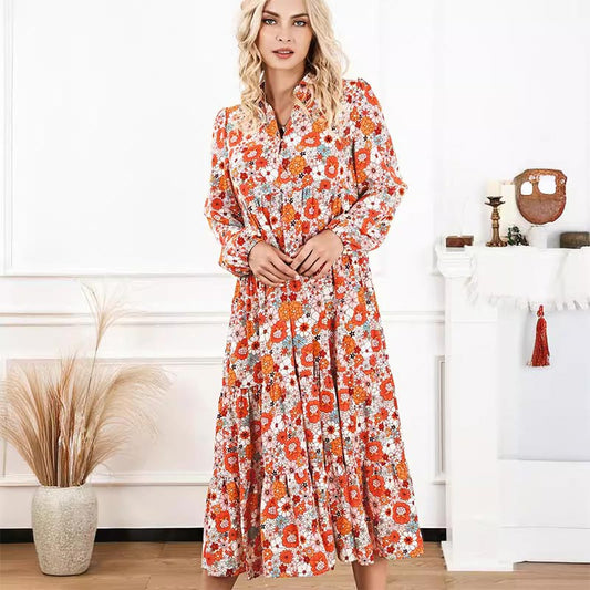 👗Women's Long Sleeve V Neck Bohemian Midi Dress