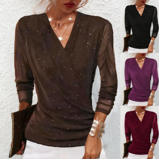 🎅Christmas Sale-50% Off💎Women's Sparkle Crossover V-Neck Long Sleeve Top