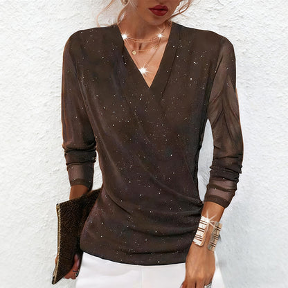 🎅Christmas Sale-50% Off💎Women's Sparkle Crossover V-Neck Long Sleeve Top