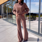 Women's Ribbed Long-Sleeve Tops & Flare Pants 2-Piece Set