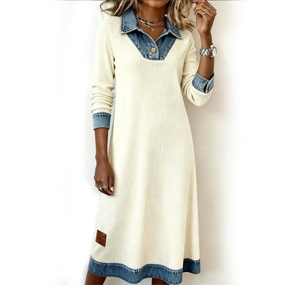 Women's Denim Patchwork Knit Midi Dress