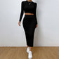 Ribbed Knit Long Sleeve Crop Top & Midi Skirt Set