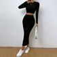 Ribbed Knit Long Sleeve Crop Top & Midi Skirt Set