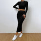 Ribbed Knit Long Sleeve Crop Top & Midi Skirt Set