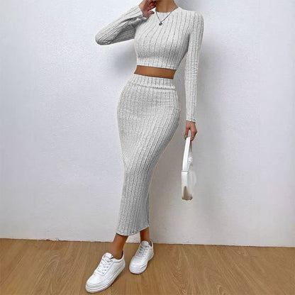 Ribbed Knit Long Sleeve Crop Top & Midi Skirt Set