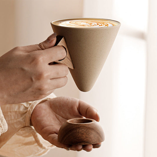 Vintage Coffee Mug with Wooden Handle & Saucer
