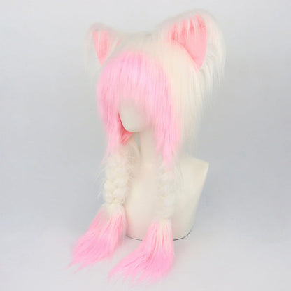 Plush Cat Ear Winter Hat with Braided Pigtails